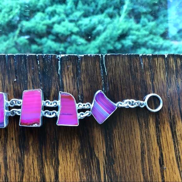 Vintage Sterling Silver Pink Agate Toggle Bracelet - Picture 11 of 16